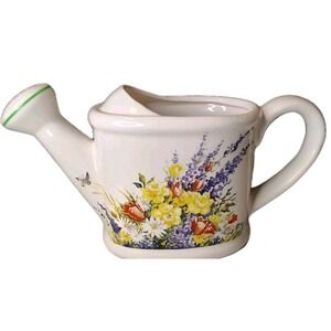 Teleflora Watering‎ Pitcher Vase White Ceramic Planter Floral Pattern Cottage